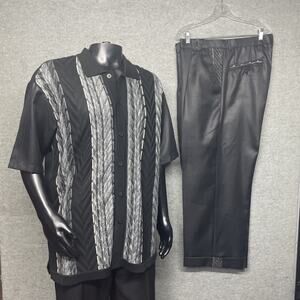 Silversilk Mens 2pc Walking Suit Blk/Grey Textured Knit Polo/Pants Set L/38W Mod